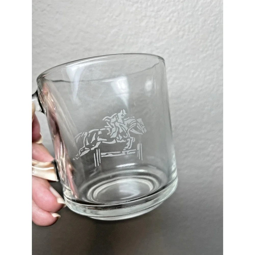 Vtg Set 3 Anchor‎ Hocking USA Glass Polo Horse Etched Equestrian Coffee Mug Cups